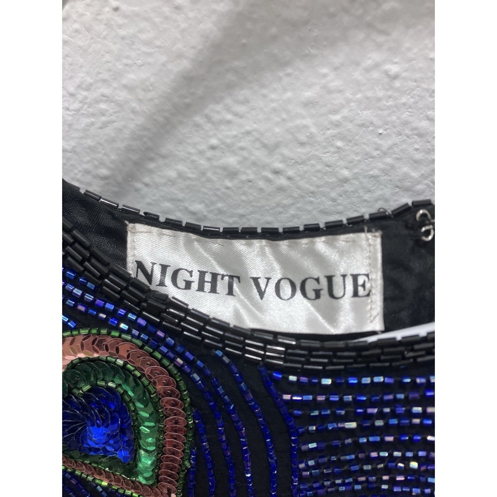 Vintage Night Vogue Sequined Beaded Black Blouse 100% Silk Peacock - Picture 8 of 10